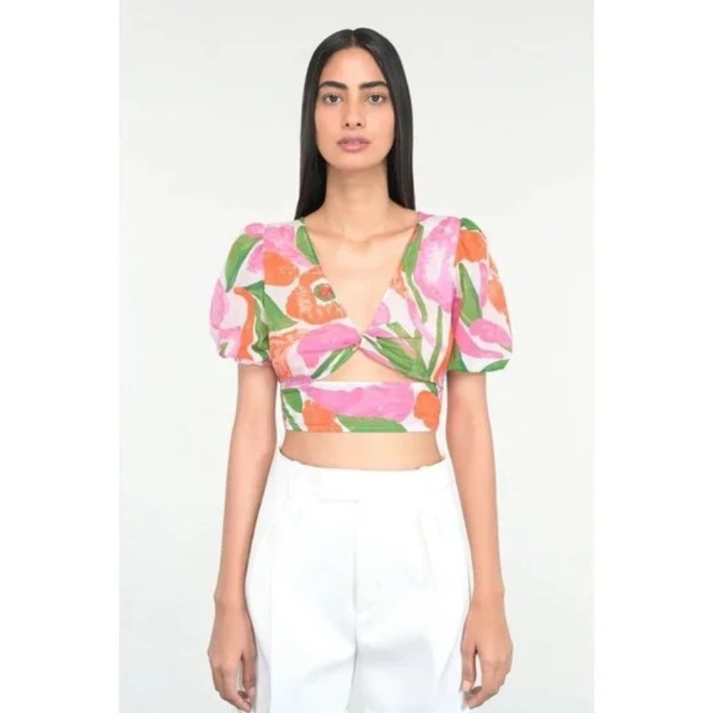 Banjanan Floral V-Neck Puff Sleeve Crop Top / Size XL